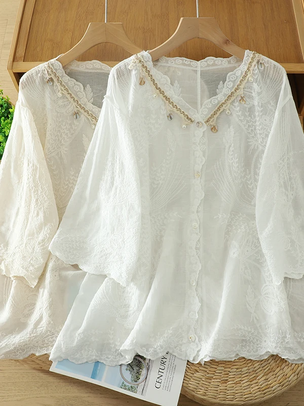 

Loose Fit Artistic Embroidered Seven Sve irt for plus Size Women Spring Autumn Season V Ne Single Piece Casual Wear