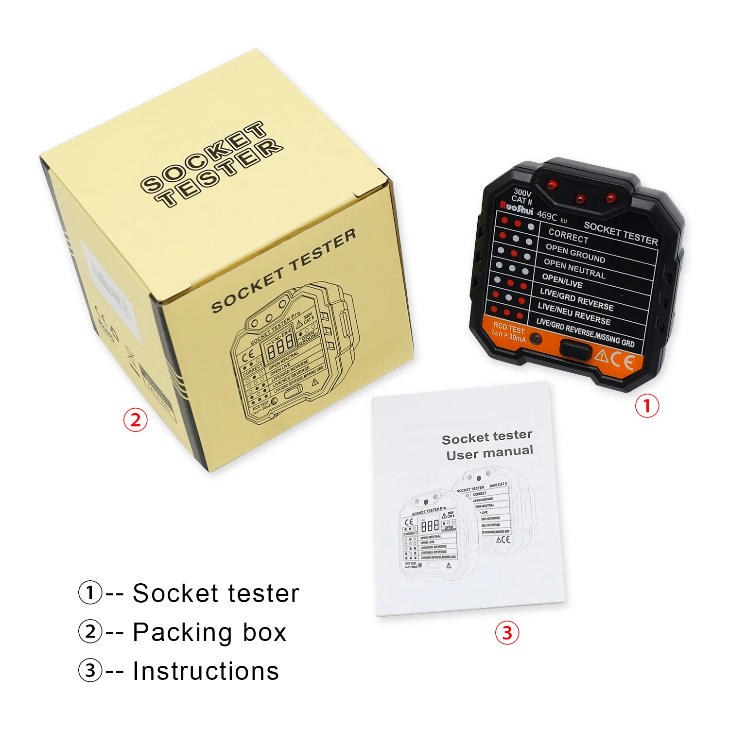 RuoShui 469C Socket Tester 300V EU US Plug Seven LED Light Patterns Leakage Detector Ground Zero Line Protection Switch Test