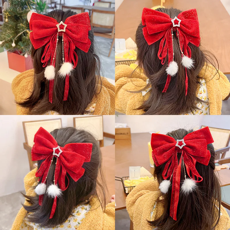 Red Velvet arcos fitas de cabelo Scrunchies para mulheres, longos laços elásticos, headwears para meninas, feminino, crianças, headwears, ano novo,