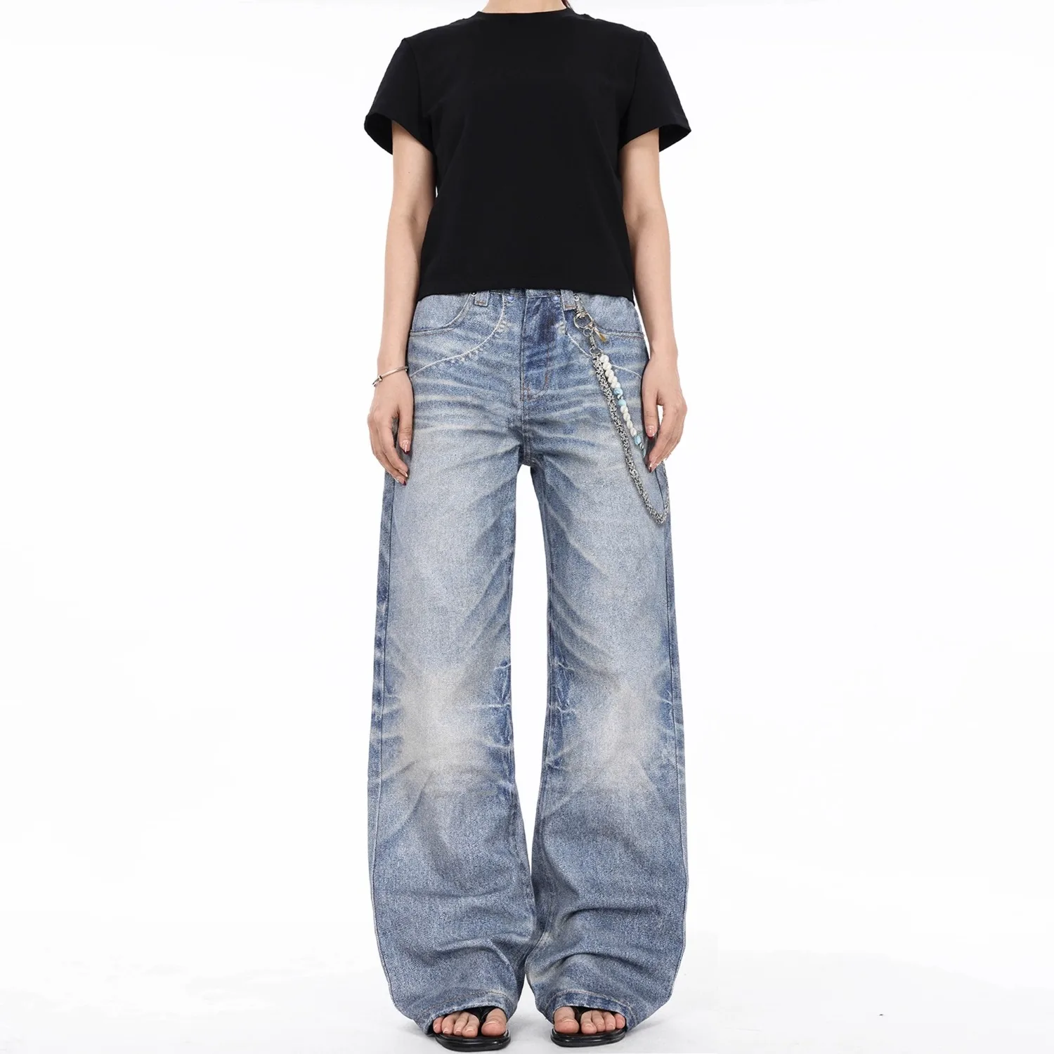 กางเกงยีนส์วินเทจทรงแบ็กกี้สไตล์อเมริกันวินเทจ พิมพ์ลายดิจิตอล 3 มิติ พร้อมจี้โซ่ สำหรับสาวสไตล์โชโจ วัยผู้ใหญ่ กางเกงยีนส์เอวสูงสำหรับผู้หญิง