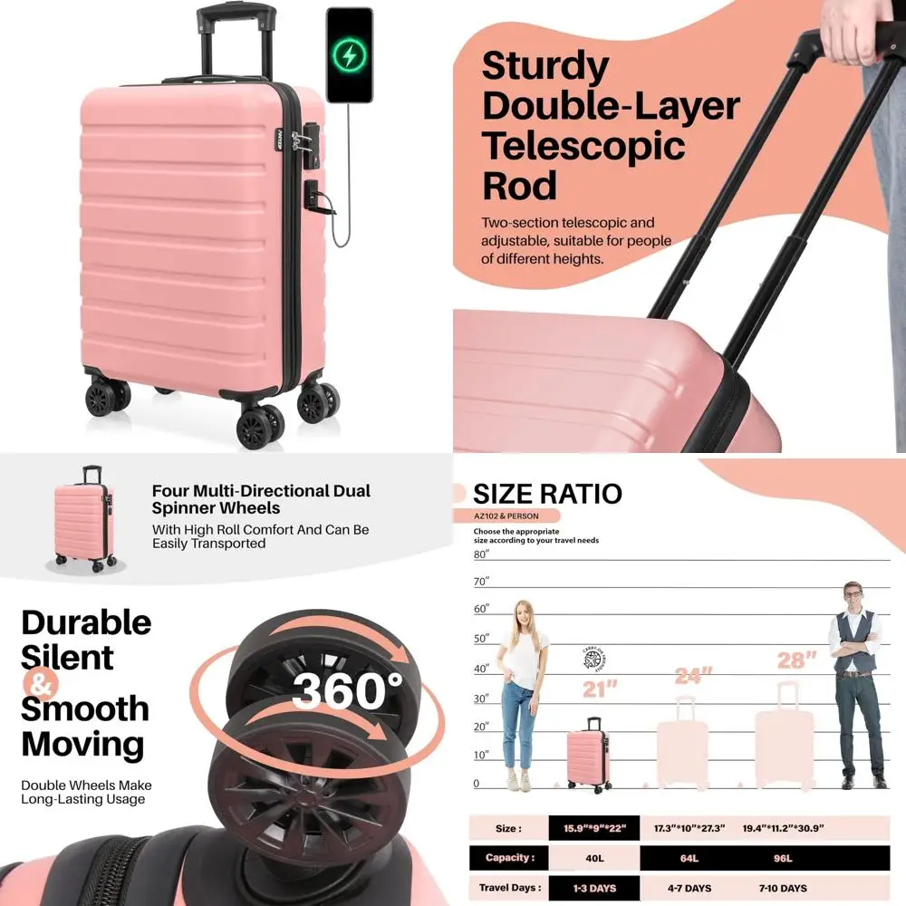 

Lightweight Kids Pink Hardside ABS Luggage with USB Port, Wheels, and TSA Lock for Travel