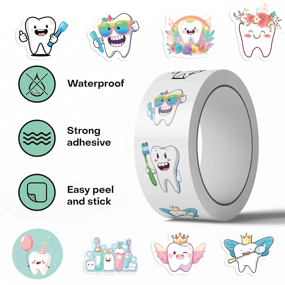 500pcs/roll Cute Teeth Dentist Sealing Stickers Cartoon Creative Graffiti Decals DIY Notebook Phone Guitar Reward Sticker Toys