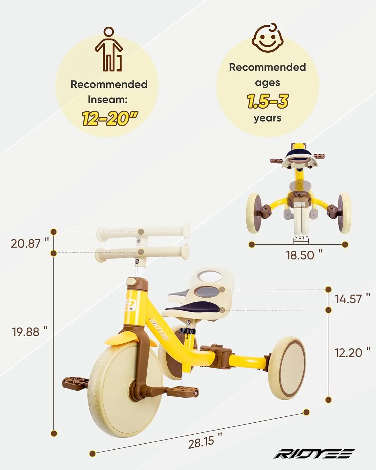 دراجة ثلاثية العجلات للأطفال مع مفتاح وضع خالي من الأدوات ، ارتفاع بنقرة واحدة ، 4 في 1 ، من عمر 18 شهرًا إلى 3 سنوات ، الأطفال الصغار-3