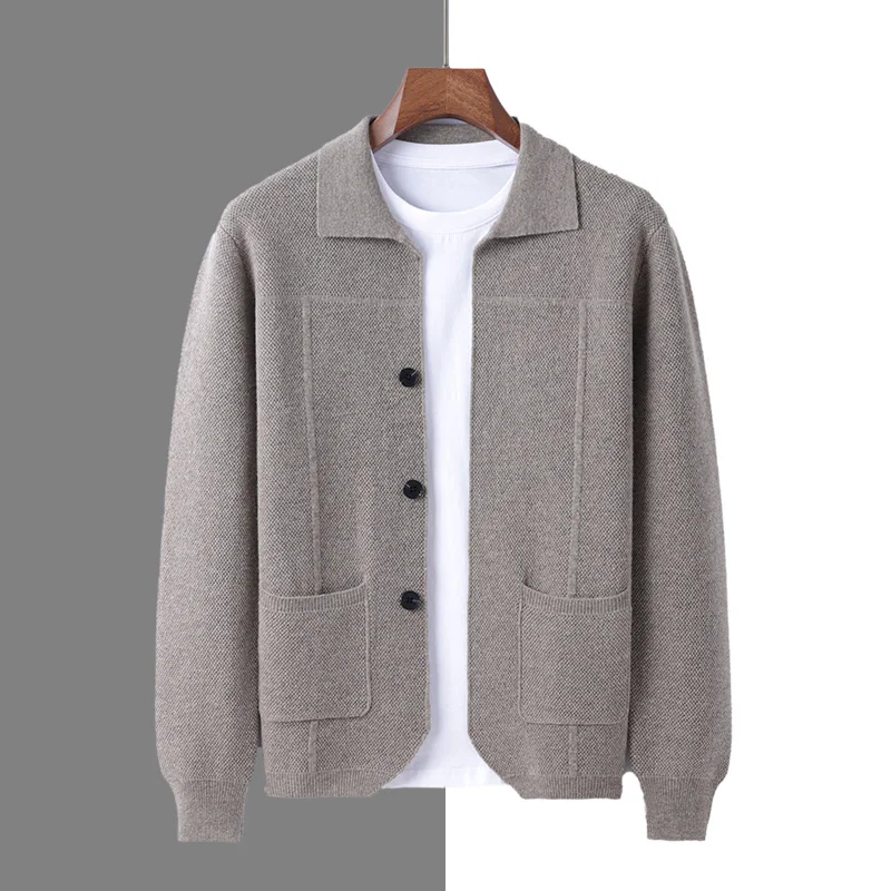 

Autumn And Winter New Pure Wool Men's Lapel cCardigan Coat Bbusiness Casual Honeycomb Thickened Double Pocket Cardigan