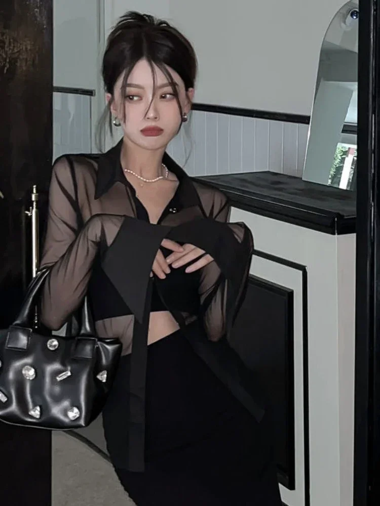 Temperament Damen Tops Blusen für Frauen Langarm Dünnes Hemd Perspektive Schwarz Blusas De Mujer Sexy Mode Shirts