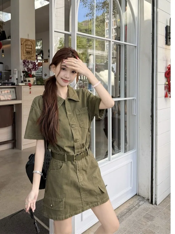

plus Size American Retro Collar Workwear Denim Dress Women Summer New Waist Cinched A-Line Short Skirt City Commute