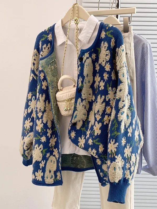 

Blue Floral Embroidery Knitted Cardigan Women's oulder Length Sweater Outerwear Autumn Winter New Sle Loose Fit round Ne