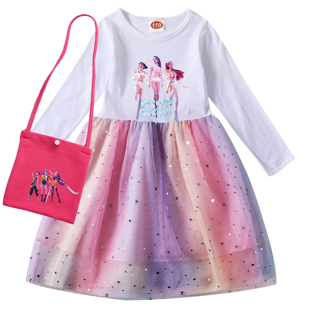 KPop شيطان الصيادين الاطفال ملابس طويلة الأكمام فساتين الفتاة القطن قوس قزح موضة كاملة في سن المراهقة الملابس ملابس للحفلات 3-12Y