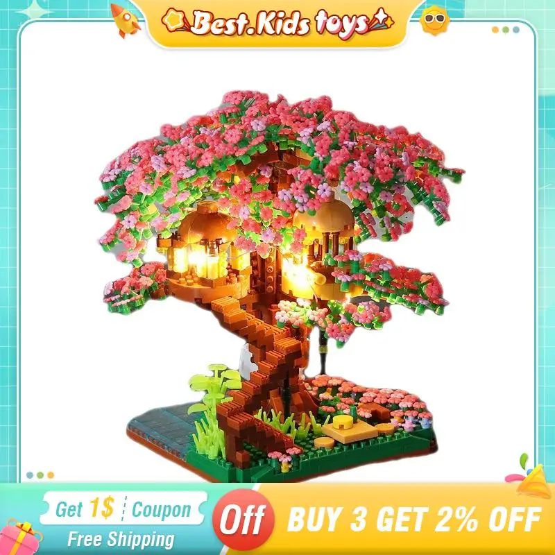 Mini Sakura Tree House With Lights Model Building Blocks City Street View Cherry Blossom Houses Bricks Kids Toys For Girls Gift