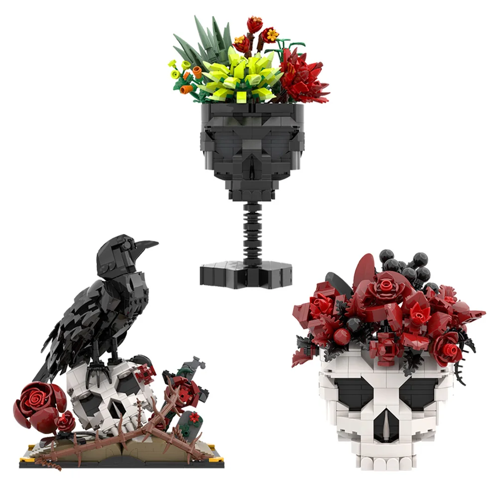 

MOC Skull Roses Bouquet Bricks Model Gothic Crow Skull Flowers Plant Pot Decorate Building Blocks Assembly Toys Kids DIY Gifts
