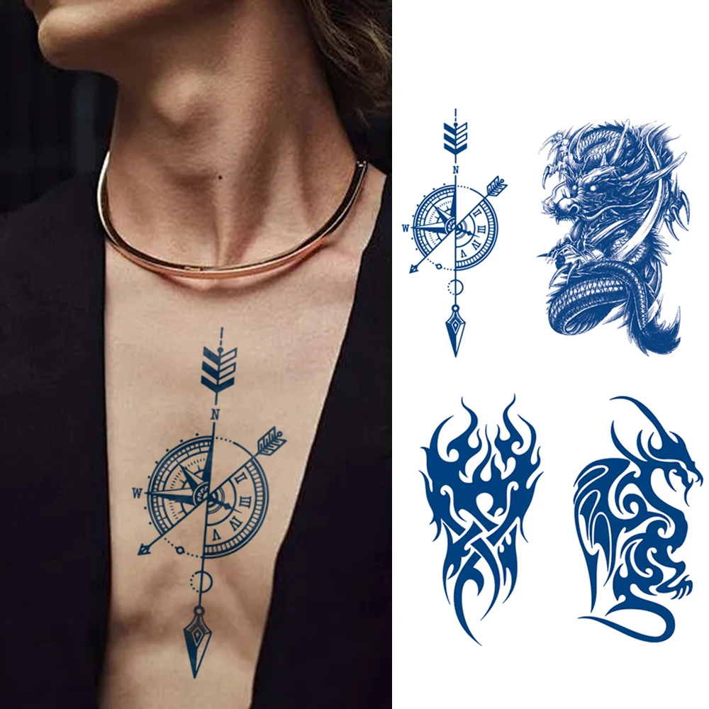 

Чернила для сока, прочная водостойкая временная татуировка, наклейка, часы, компас, геометрия, пламя, шипы, дракон, поддельная татуировка, боди-арт для мужчин и женщин