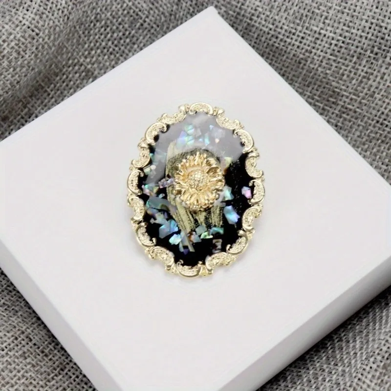 Retro Photo Frame Shell Sunflower Brooch Oil Painting Enamel Corsage For Women