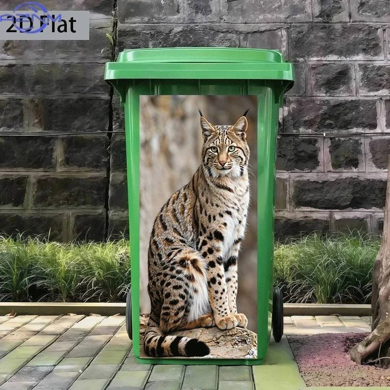 2D Flat Printing 1pc Trash Can Sticker , Bobcat Gazing at Rocky Peak Themed Design, Self-Adhesive Wall Decal Wallpaper, Kitche