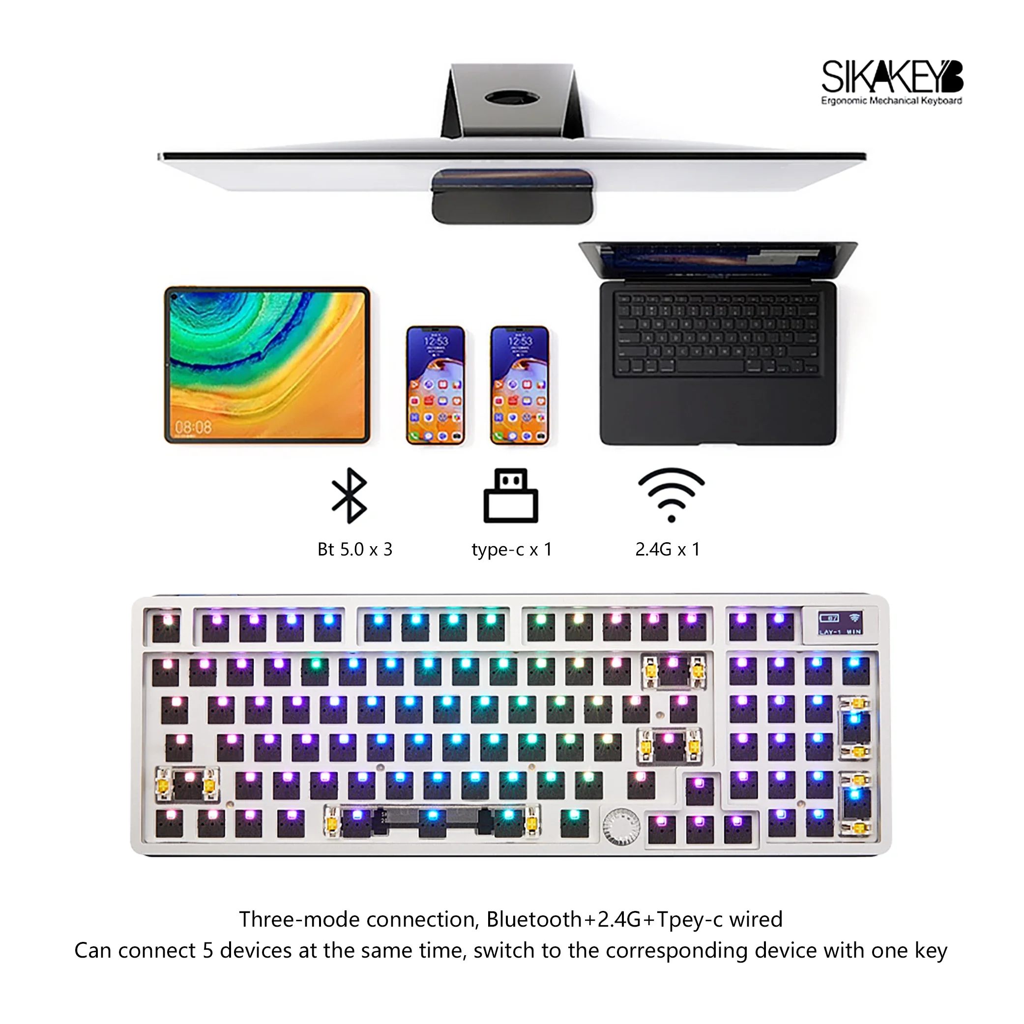 SIKAKEYB SK8 Castle Mechanical Keyboard 95% BT Wireless 3-mode Connection DIY Kit Rgb Knob