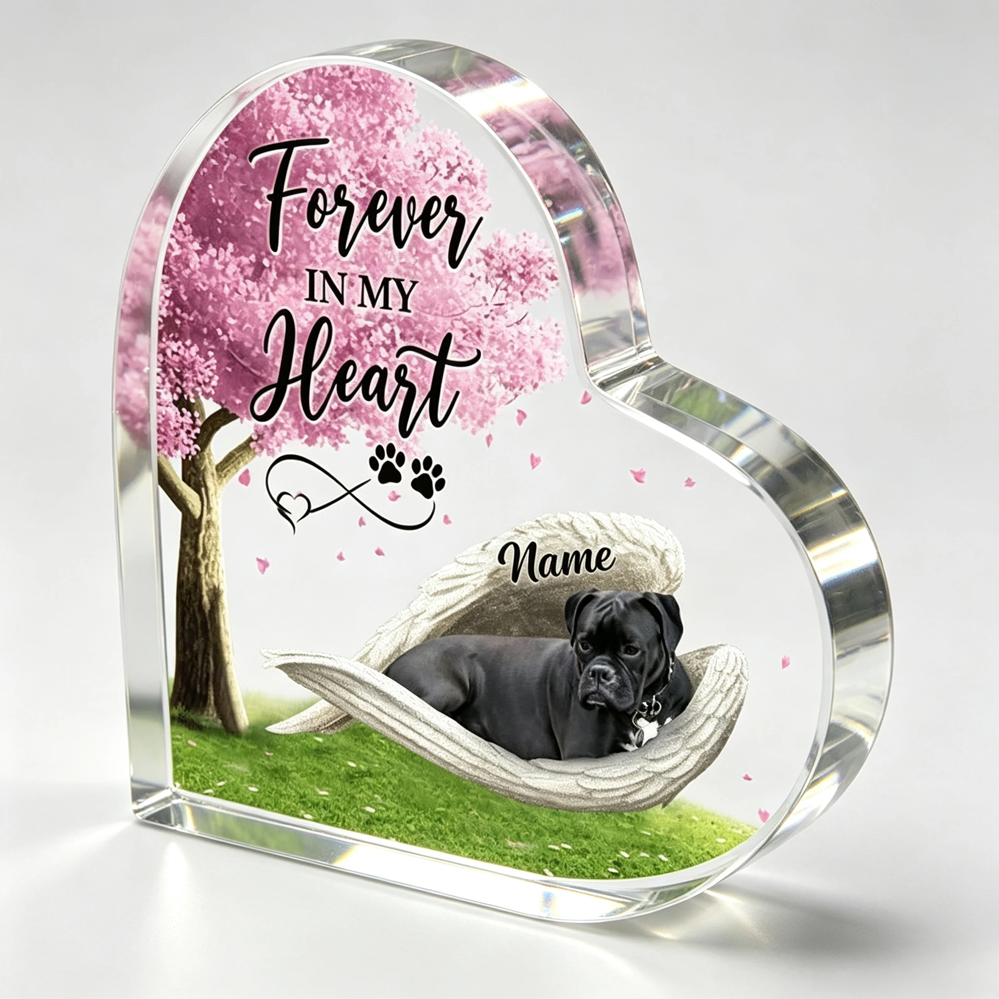 Personalized Black Boxer Acrylic Heart Shaped Plaque, Pet Remembrance Keepsake Desk Heart Decor, Memorial Gifts for Loss of Dog