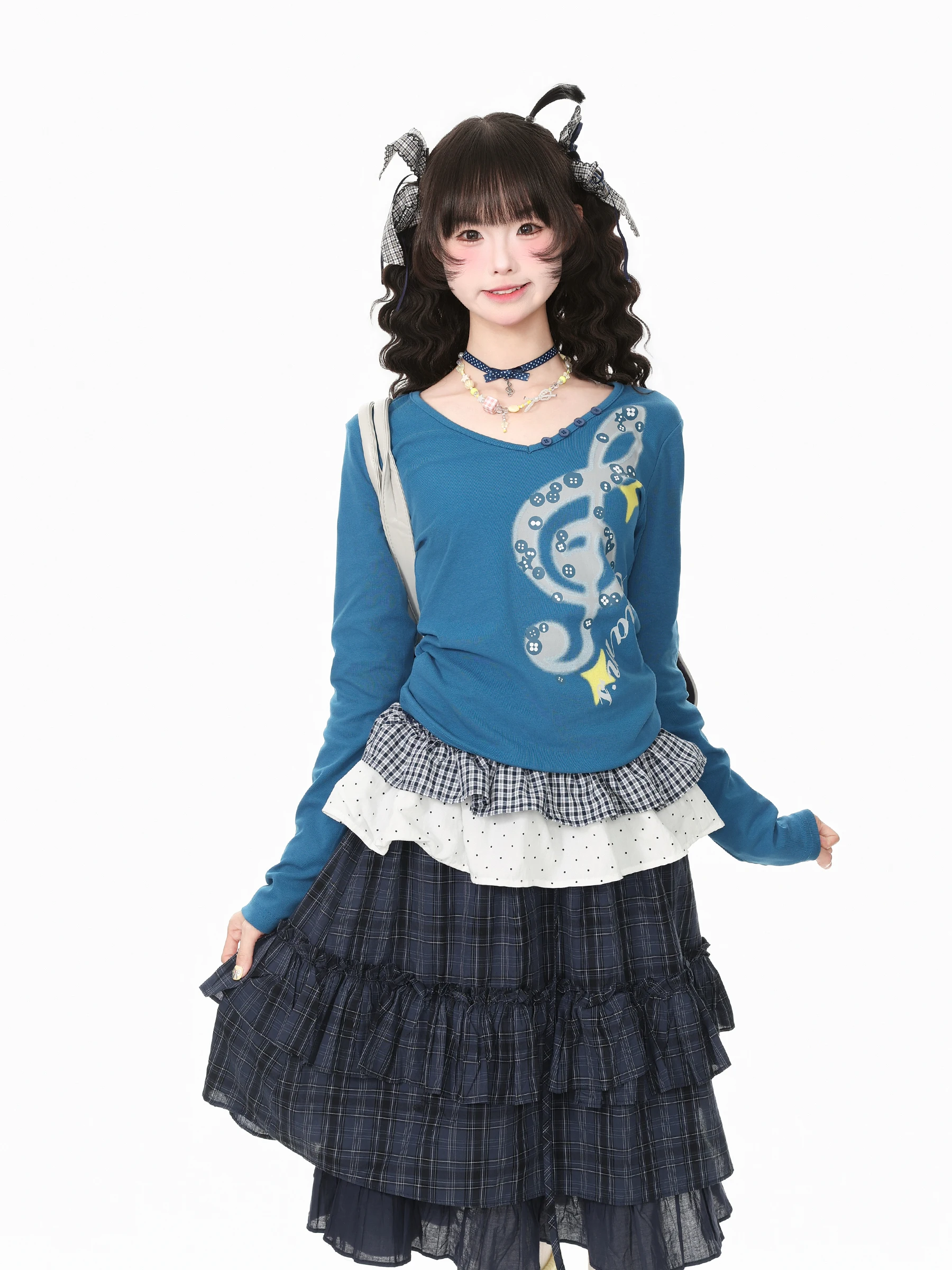 Blue Ghost Park Languid Park Long Sleeve V-Neck T-Shirt Women's Casual Design Autumn Top Comfortable Soft Cotton Polyester Blend