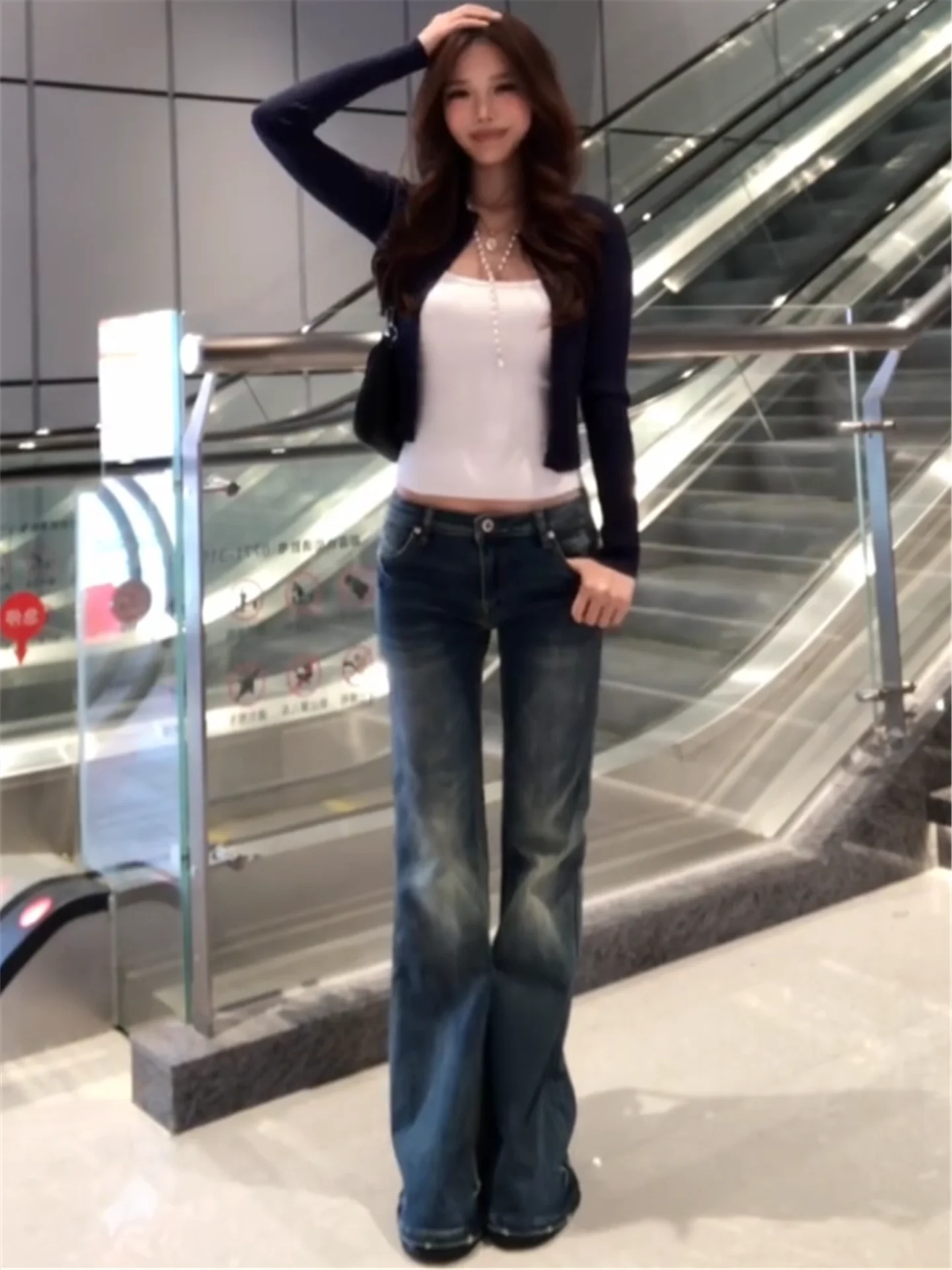 

American Retro Low Waist Bell Bottom Jeans Women's Slimming Floor Length High Heeled Extended Length Dance Casual Cotton Denim