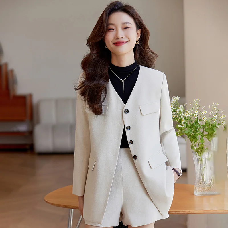 Collarless Suit Jacket for Women Spring and Autumn New Casual High Sense Elegant Outfit Suit Shorts Two-Piece Suit