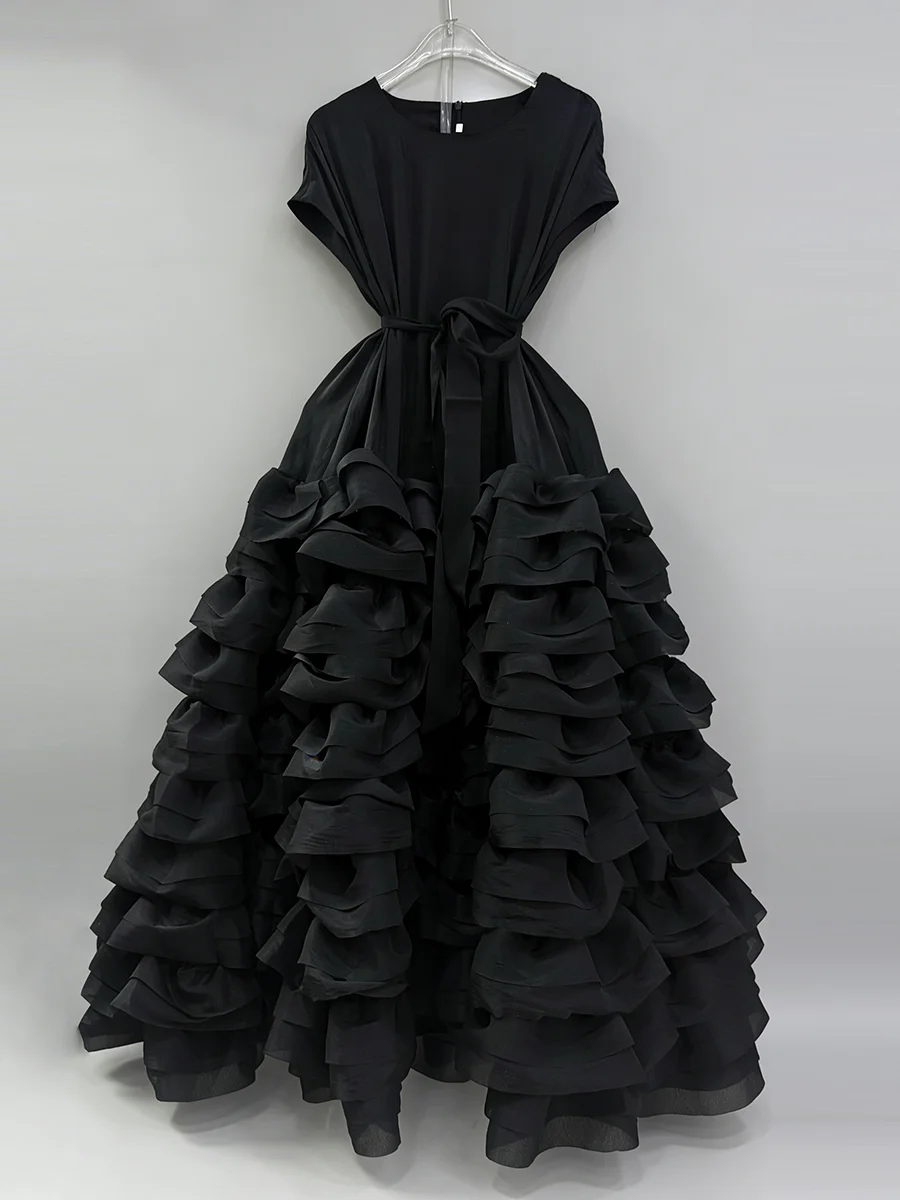 VGH Elegante Gesplitste Tiered Ruches Jurk voor Vrouwen O Hals Mouwloos Patchwork Lace Up Slanke Formele Avond Bladerdeeg Jurken Vrouwelijke