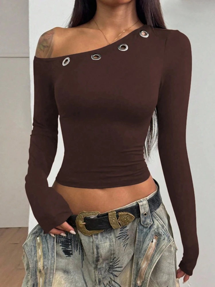 

Модная женская футболка с диагональным воротником и вырезами, асимметричная, сексуальная, с длинным рукавом, облегающая, черная, укороченная, в уличном стиле