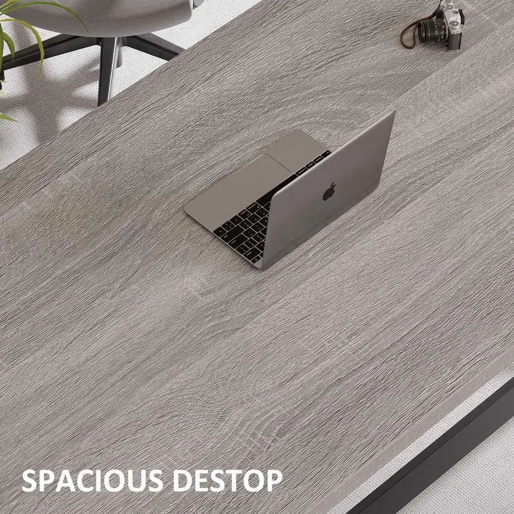 مكتب Gray Oak 47 على طراز المزرعة: محطة عمل واسعة للألعاب والمكتب مع خشب ريفي ومعدن #3