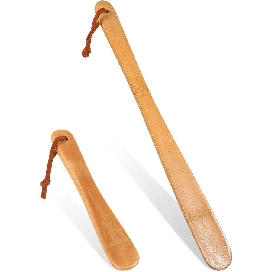 Long Handle Wooden Shoe Horn for Seniors Men Women, 2 Sizes with Hang Hole, Lightweight Travel Shoes Helper