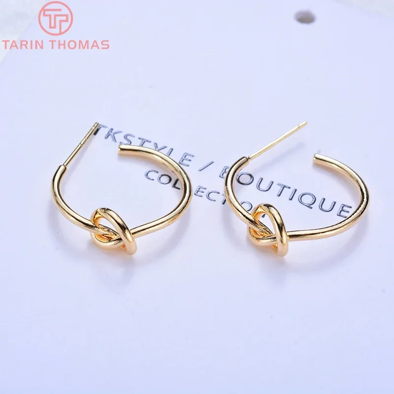 (2253)6PCS 20MM 24K Gold Color Plated Brass Round with Knot Stud Earrings High Quality DIY Jewelry Making Findings