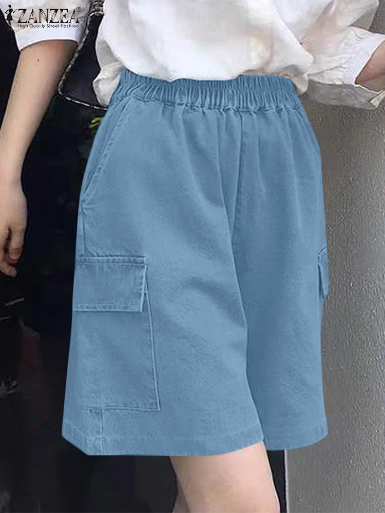 ZANZEA, pantalones cortos de verano para mujer, pantalones vaqueros suaves azules, moda informal, pantalones holgados con cintura elástica, pantalones de trabajo elegantes, ropa de calle