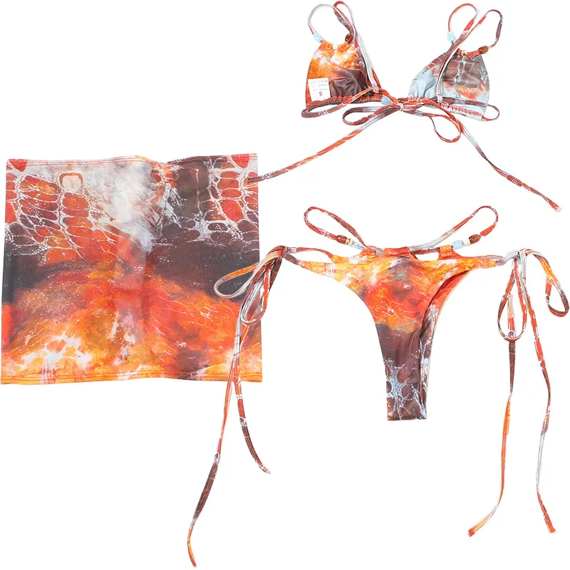 VEITCHE Sommer-Perlen-Patchwork-Bikini, 3-teiliges Set, sexy bunte BH-Tops + störende Slips + hohle Röcke, Strand-Badeanzüge – Detail 19