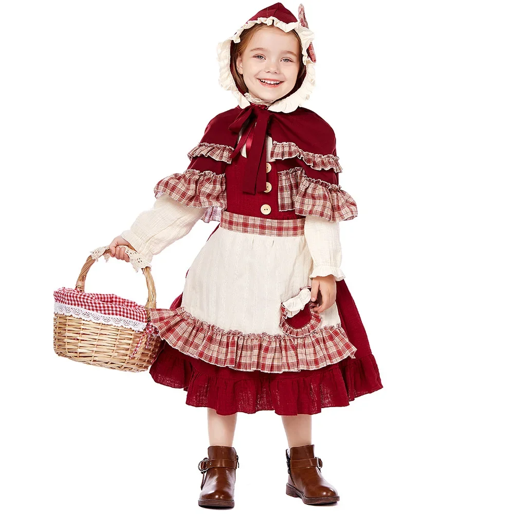 Umorden Kids Child Vintage Little Red Riding Hood Costume Dress for Girls Gingham Trim Pocket Halloween Stage Fantasia Cosplay