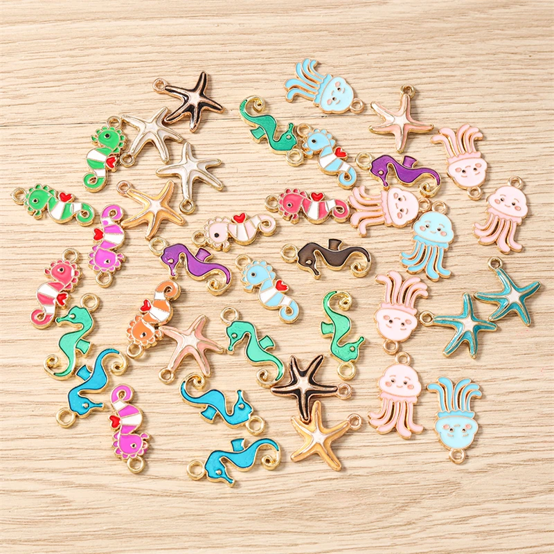 10 Stück Niedliche Meereslebewesen-Anhänger aus Emaille: Seepferdchen, Oktopus, Seestern für Schmuckherstellung, DIY-Ohrringe, Halsketten und Geschenke – Detail 3
