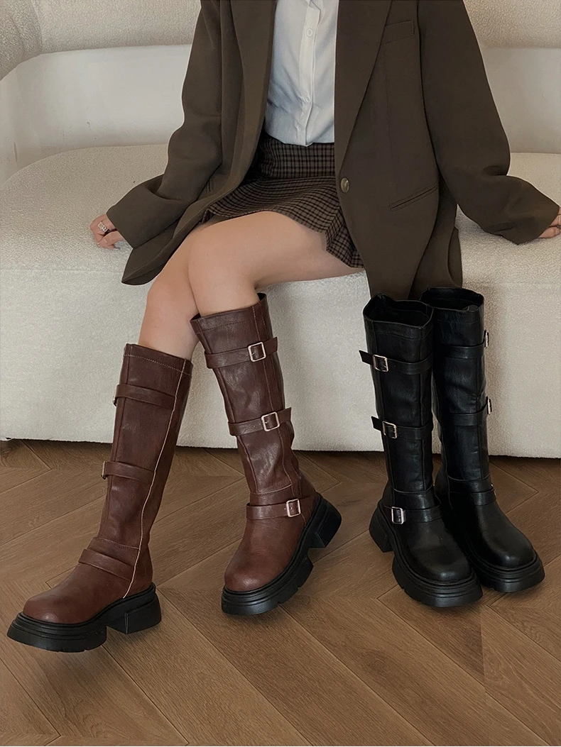 

Коричневые сапоги на тонком каблуке с подкладкой Fce. Женские длинные сапоги. Новинка осени 2025, маленький размер, не выше колена. Долгие сапоги в стиле ретро на грубом каблуке.