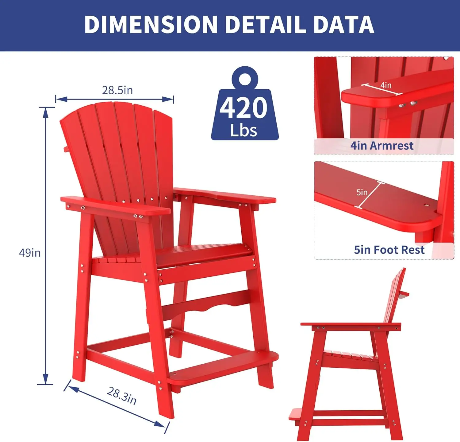 Tall Adirondack Chair, Hdpe Adirondack Chair With Footrest,Patio Bar Stools (Red, 1Pcs)