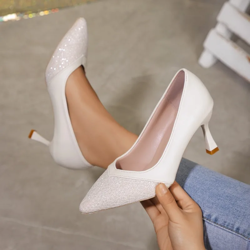 2024 New Women 7cm High Heels Prom Pumps Lady Sexy Nightclub High Heels Female Fashion Concise Pointed Toe Shallow Shoes