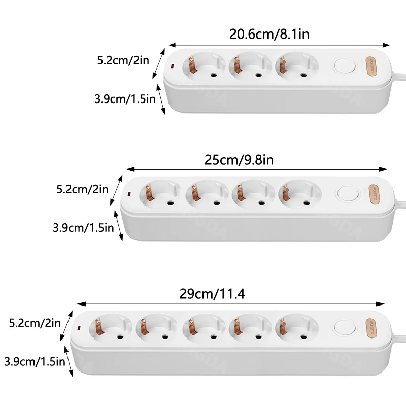 Power Strip  EU Plug 3/4/5 Way Outlets Electrical Extension  2m Cord 16A Sockets Independent Control Switches for Home Office