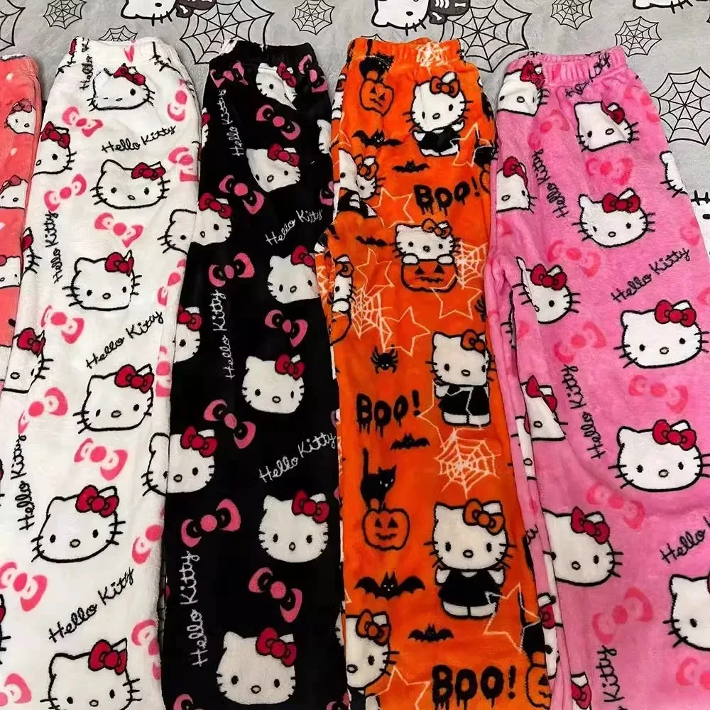 Y2K Hello Kitty Kuromi Pluche Pyjamabroek Kawaii Sanrios Nieuwe Herfst Winter Zachte Dikker Cartoon Broek Zoete Meisjes Student Gift