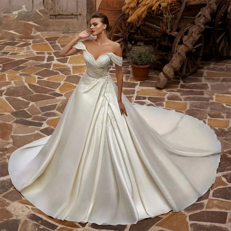 

Vintage Wedding Dress Satin With Beading Elegant Pleats Ballgown Sleeveless Sweetheart V-Neck Customized Laceup Vestido De Novia