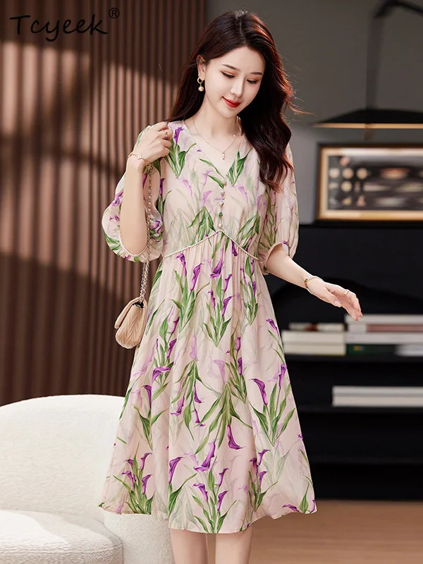 Tcyeek, vestido elegante de seda 100% real, feminino meia manga com decote em v floral, vestidos retrô de deslocamento francês, verão outono 2024 D46037QC
