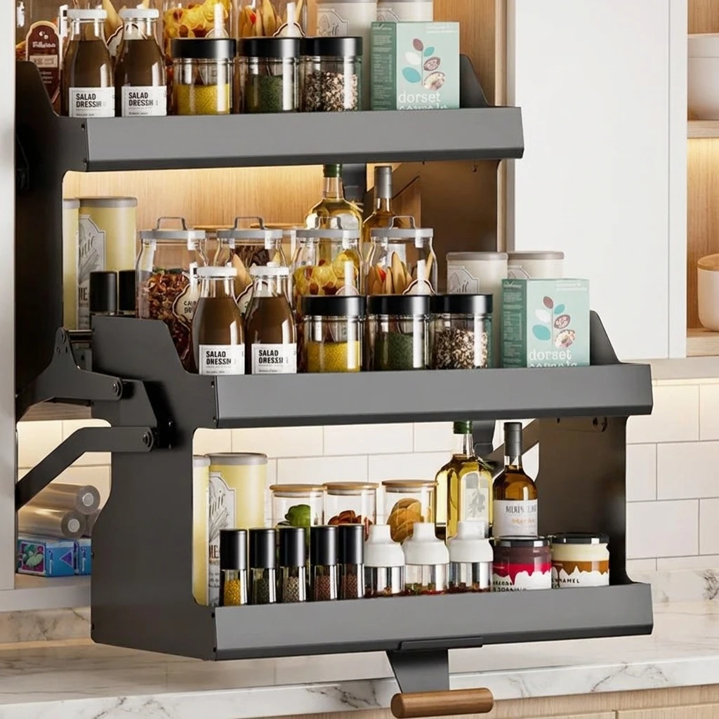 & Kitchen Cabinets Spice Rack Organizer Pull Down Lift Storage Holder for Small Apartment Multifunctional Bowls Dishes Rack
