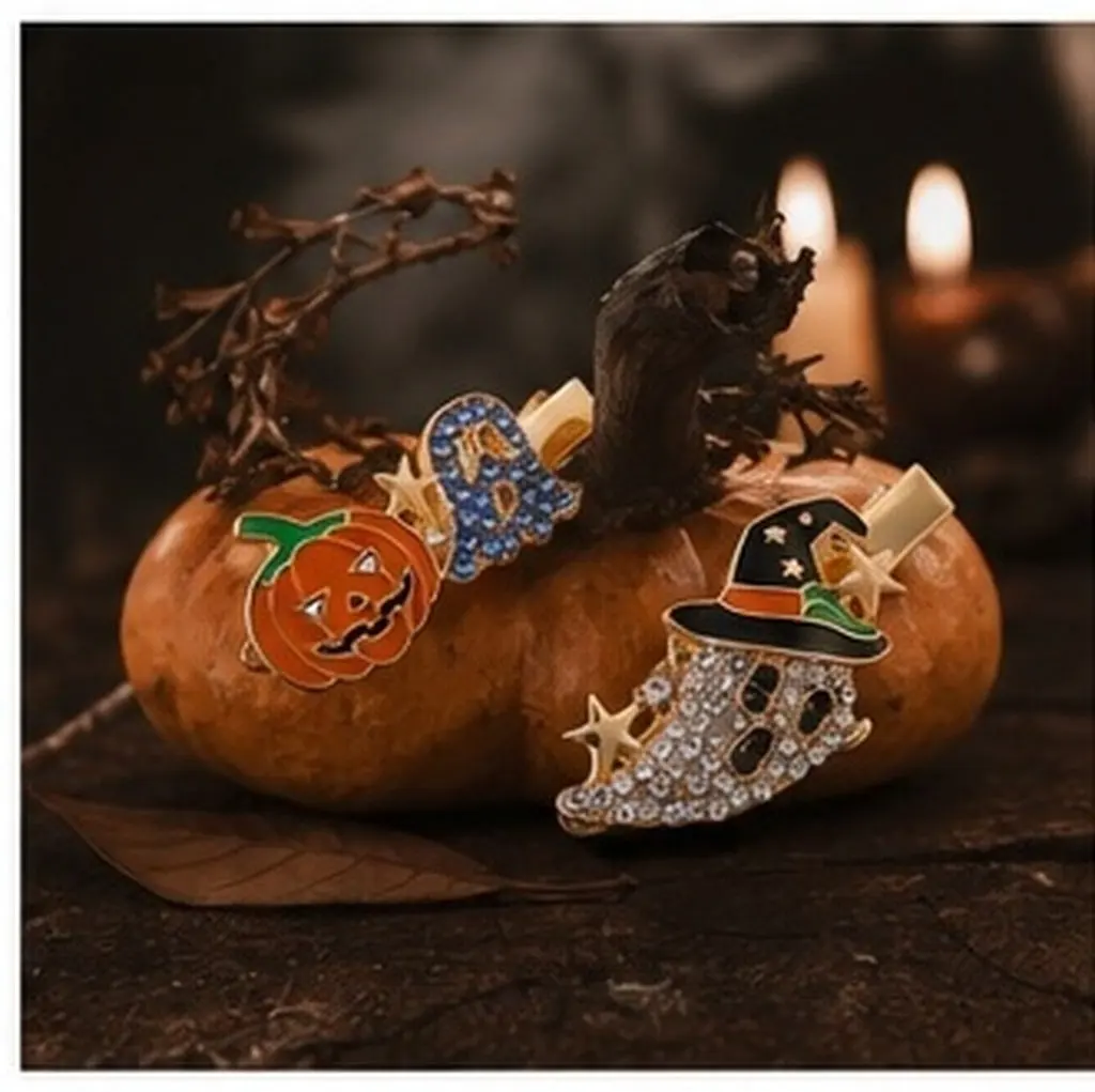 Halloween Rhinestone Hair Clips Set – Gothic Pumpkin Ghost Barrettes for Costume Party, Cosplay & Festival