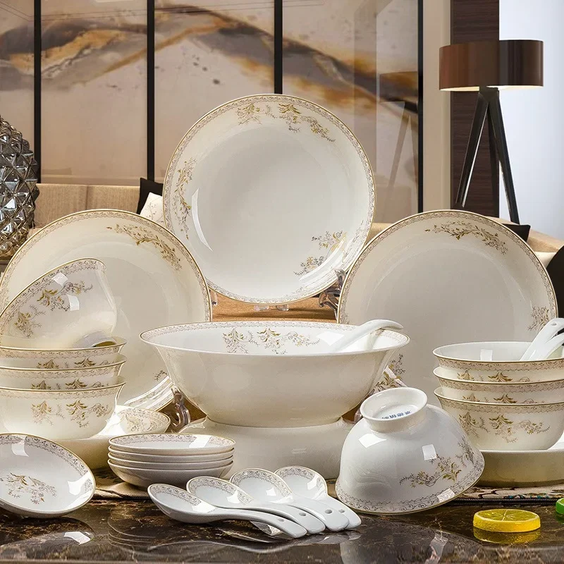 

Luxury Food Grade Porcelain Restaurants Bowl Dishes Plates Dinner Set Tableware Golden Edge Bone China Dinnerware Set
