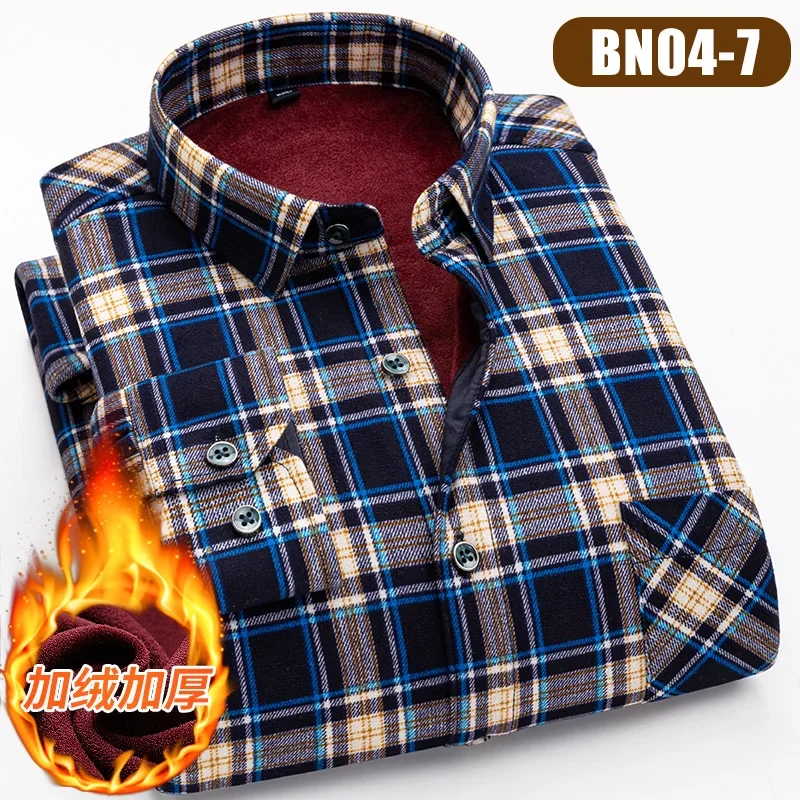 Winter Men\'s Long-sleeved Padded Shirt Single-breasted Square Collar Warm Thick Shirts Striped Plaid Camisa Male Chemise L-5XL