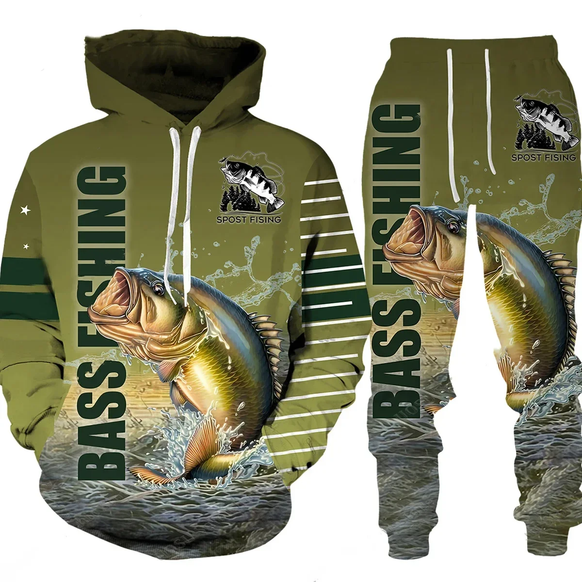 Bass Fishing 3D Printed Unisex Hoodie Pants Suit Men/Women Long Sleeve Tracksuit Outfit Casual Outdoor Hunting Camping 2Pcs Sets