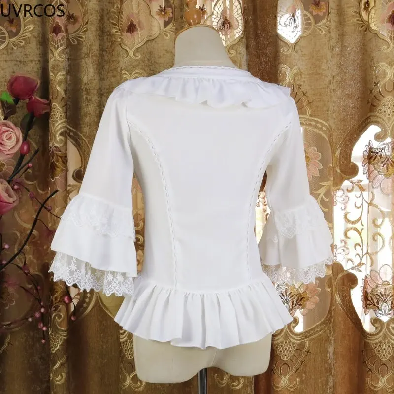 Japanese Vintage Victorian Lolita Blouses Women Kawaii Ruffles Collar Lace Flare Sleeve Shirts Girly Elegant Slim Chiffon Tops