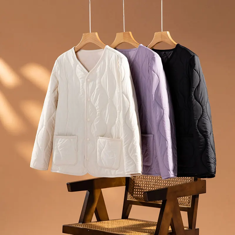 

Элегантная простая куртка из хлопка с флисовой подкладкой, сшитая, с длинными рукавами, V-образным вырезом, теплая верхняя одежда для женщин, осень-зима, новинка