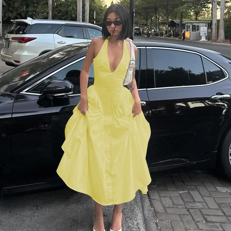 

Women's backless V-neck sleeveless evening gown sexy summer long dress 2023 fashionable and elegant disco party women's clothing