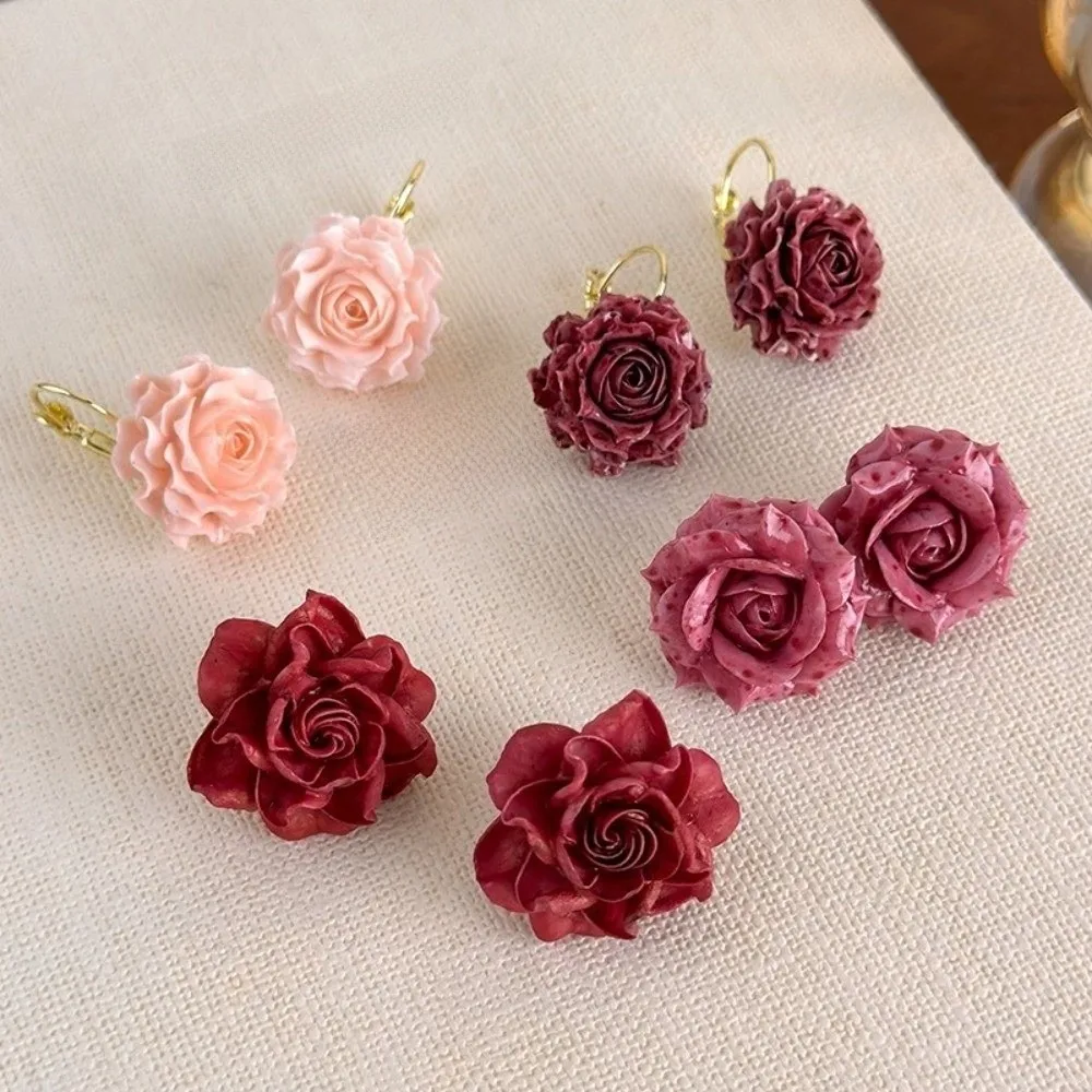 Sweet Artificial Rose Earrings Resin Retro Preserved Flower Earrings Delicate Craftsmanship Unique Romantic Ear Hooks Daily Wear