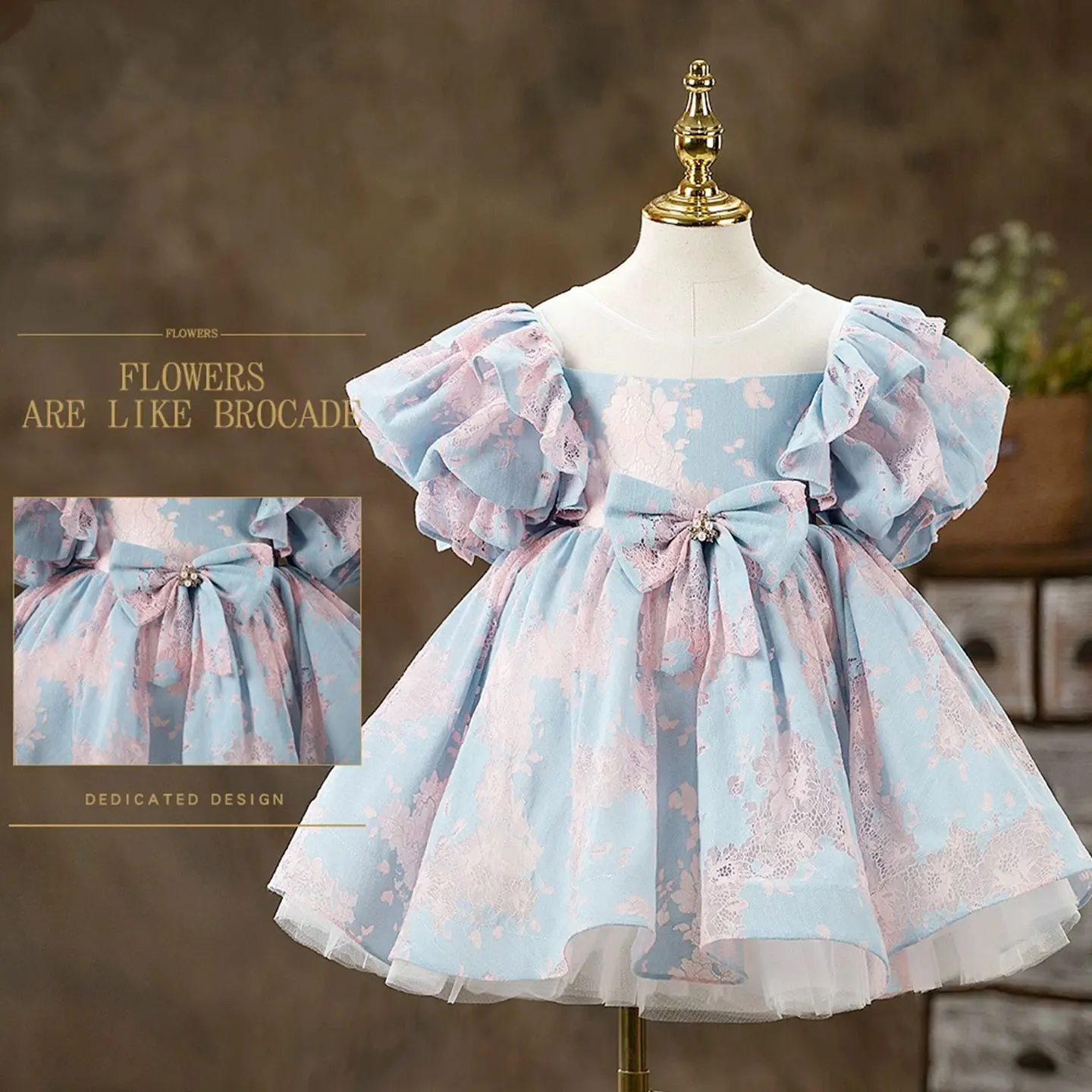 Dreamy Vow Charming Blue & Pink Baby Girl Dress Graceful Bow-adorned Short-Sleeved Kids Party Ball Gown J707