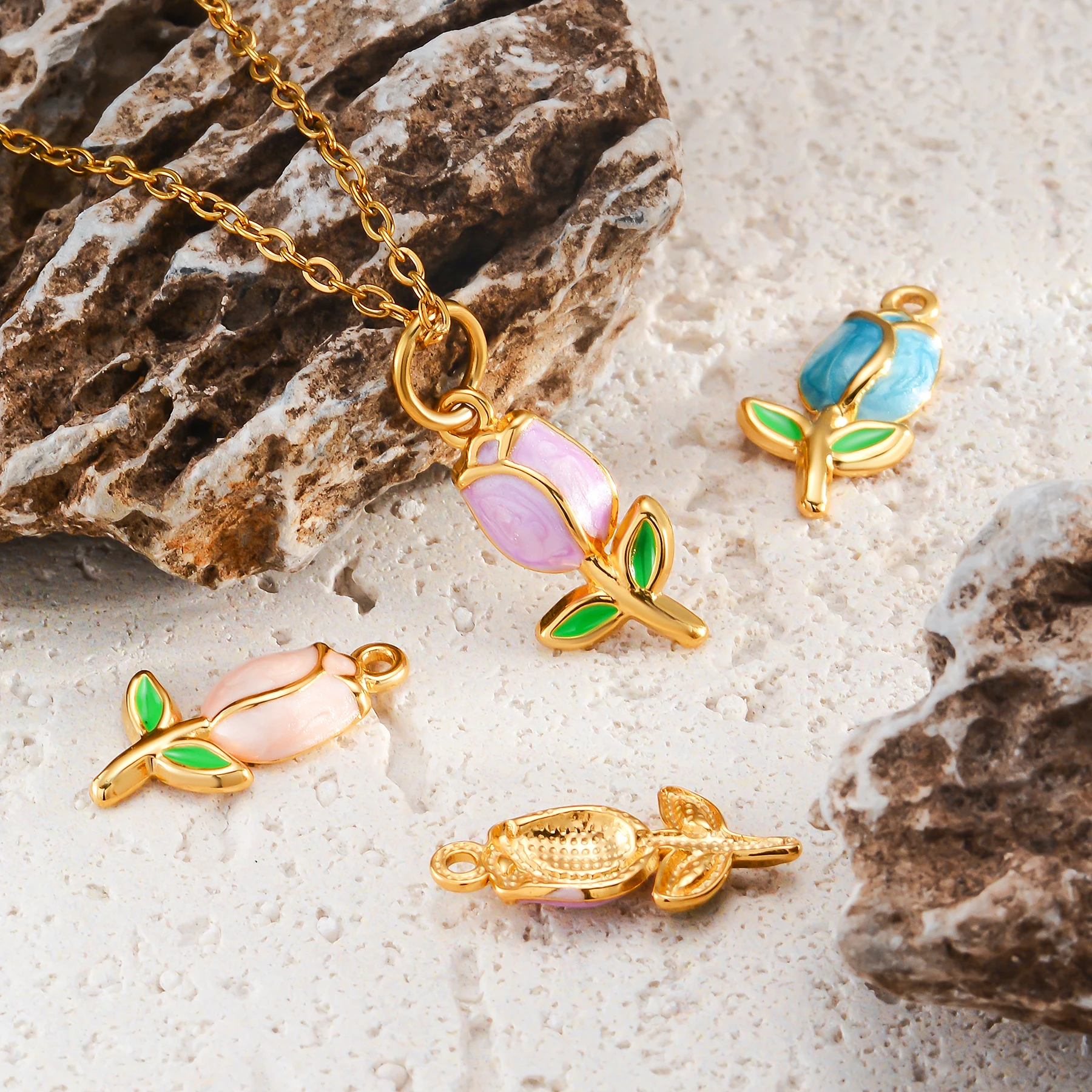 2 قطعة/الوحدة المينا زهرة التوليب سحر الفولاذ المقاوم للصدأ للنساء صنع عقد دي اي واي أقراط سوار دلاية مجوهرات #6