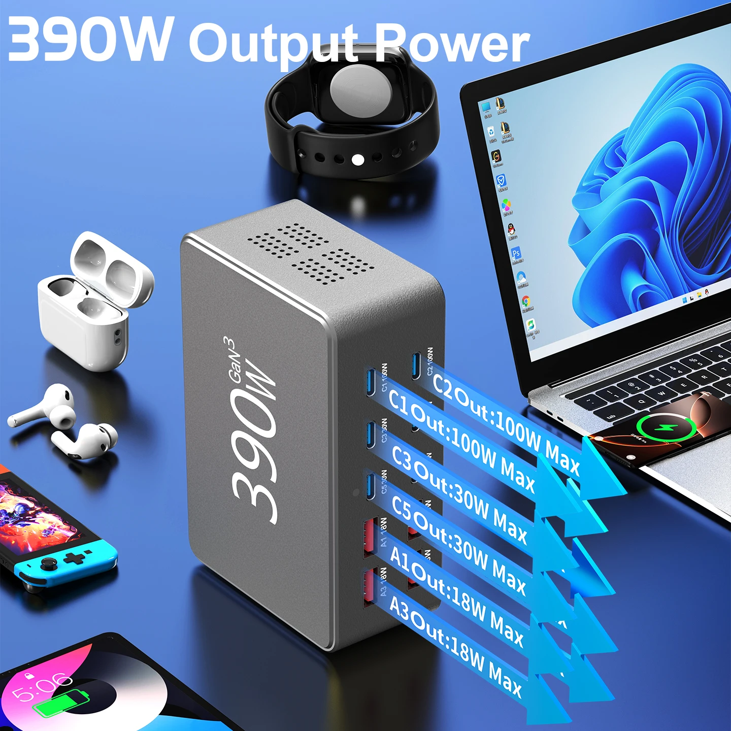 390 واط USB GaN شاحن 100 واط PD3.0 PPS QC3.0 نوع C متعدد المنافذ سبائك الألومنيوم محطة شحن سريع لأجهزة الكمبيوتر المحمول آيفون سامسونج اللوحي #5